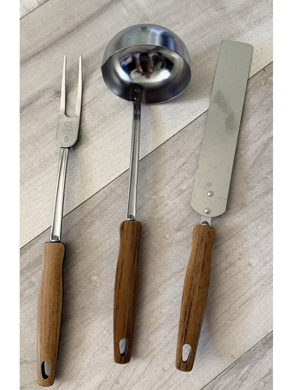 Vtg EKCO 12" Stainless Brown Faux Wood Grain Black Handle Cooking Utensil Set